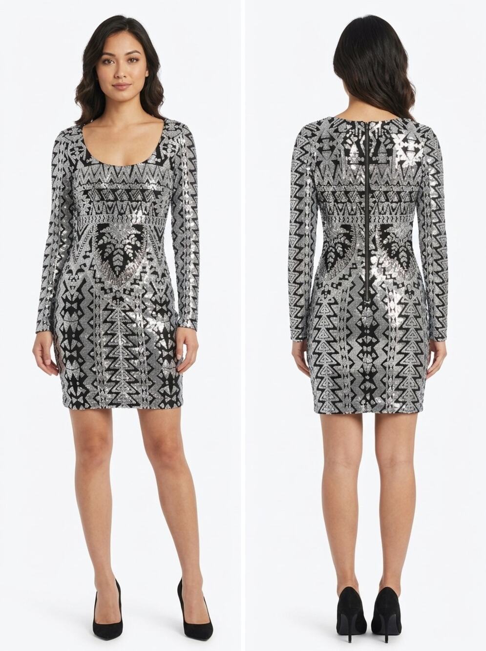 Banjul Silver Black Sequin Geometric Long Sleeve Bodycon Dress Women Size M